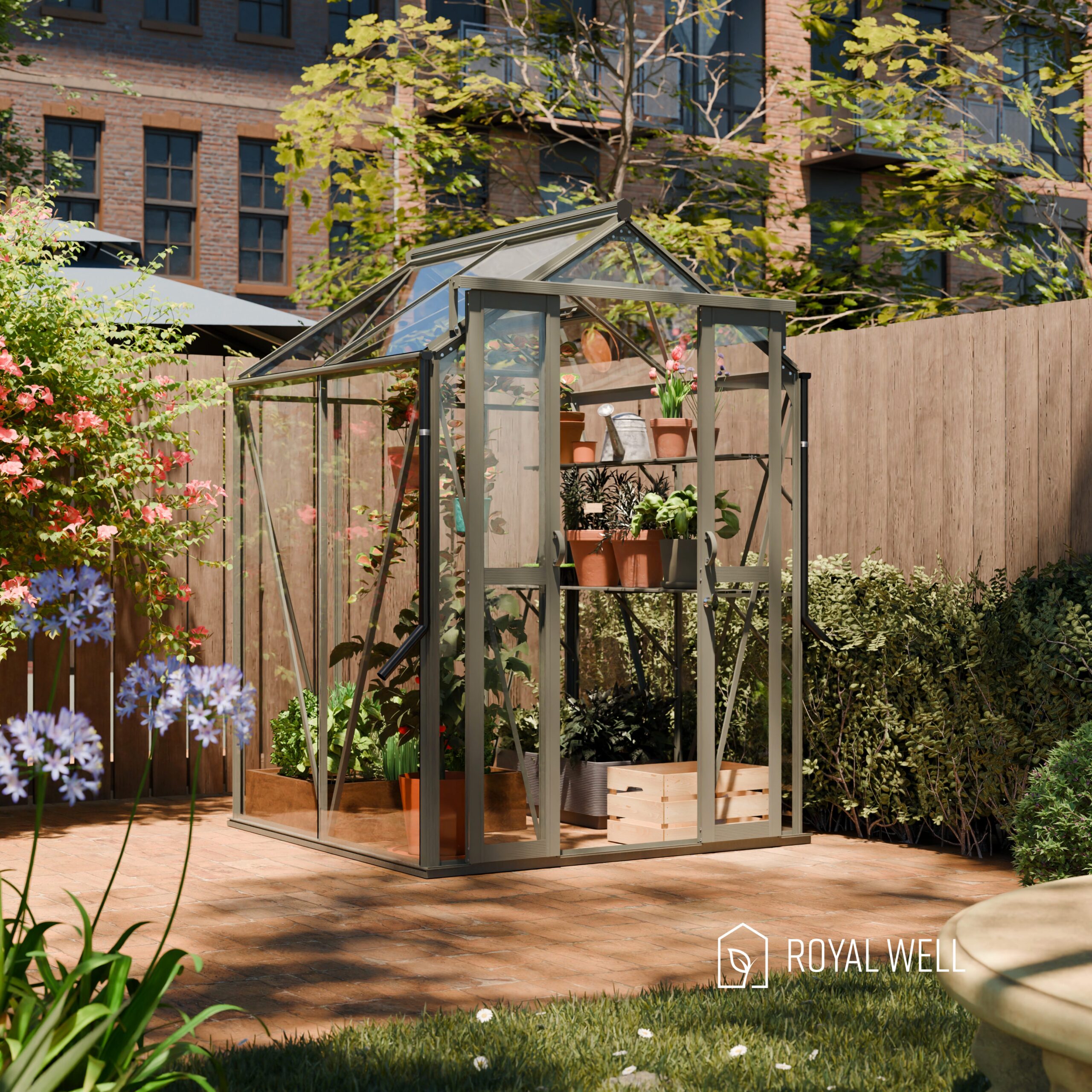 Royal Well Tuinkas Anne I - kleur 'Groengrijs RAL7009' met 3mm veiligheidsglas (inclusief fundament)